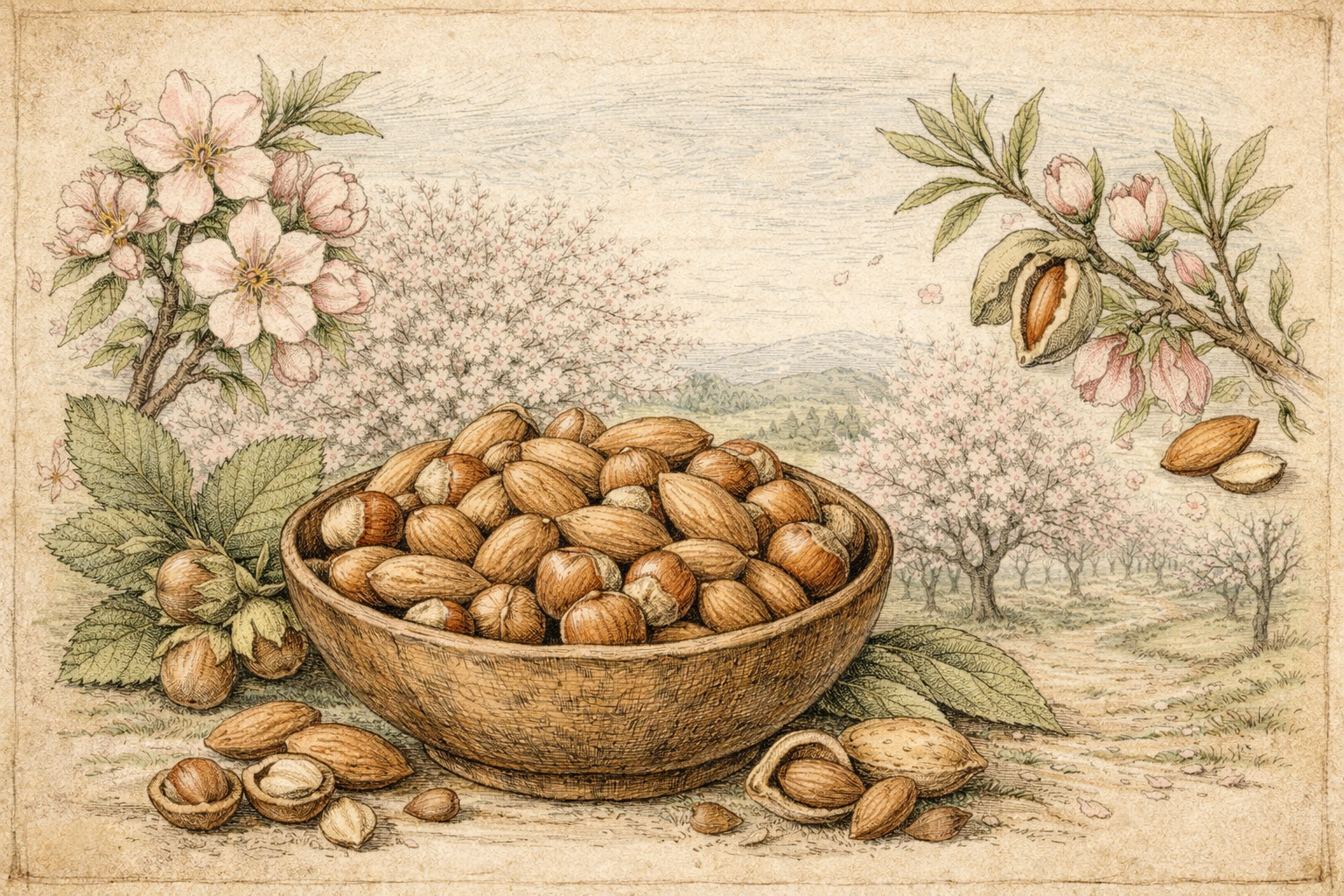 mandorle e nocciole in ciotola rustica